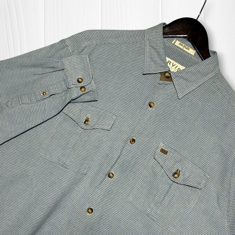 Orvis Houndstooth Double Pocket Button Down Flannel Shirt Mens Large Blue